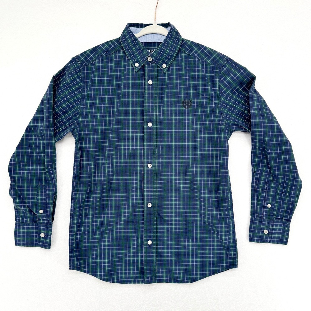 Chaps Button Down Shirt Boy Med 10/12 Green Navy Plaid Lng Sleeve Preppy Holiday